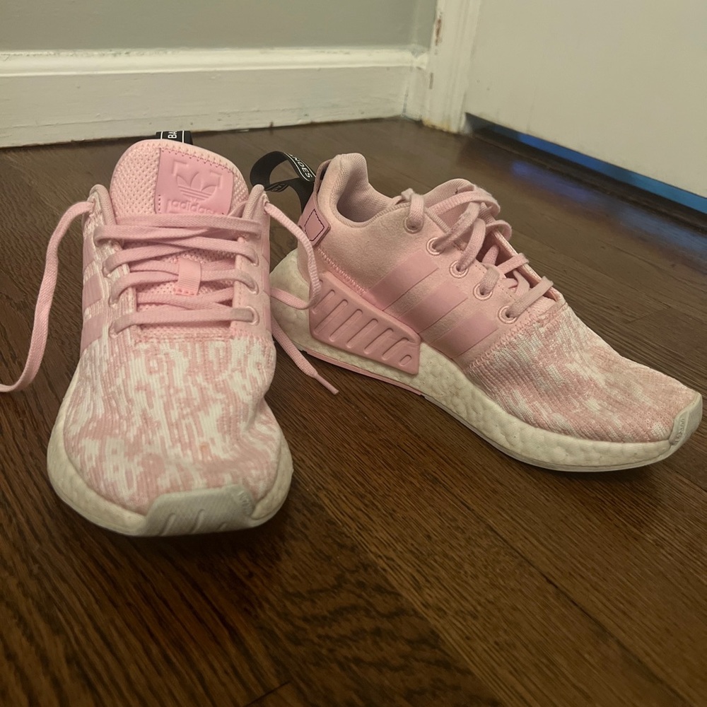 Women’s adidas NMD R2 Primeknit Pink White Running Shoes. Worn a couple times